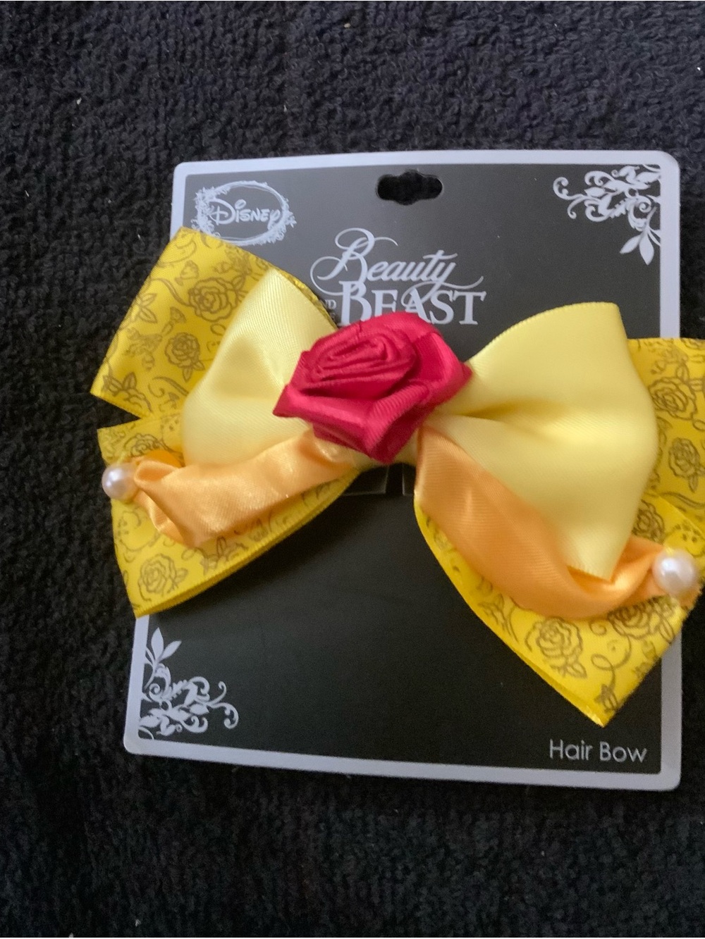 Disney Beauty and the Beast Yellow Hair Bow with Red Rose Accent